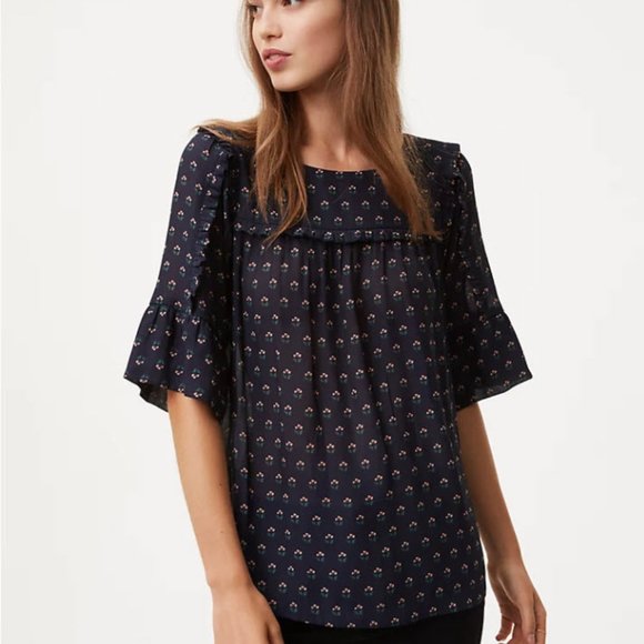 Ann Taylor LOFT Budding Ruffle Trim Navy Top - Picture 1 of 6